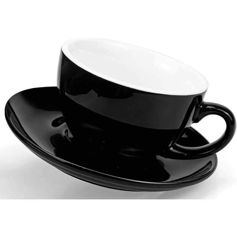 Glaustoncn 10 Oz Coffee Cup And Saucer, Ceramic Glossy Black Cappuccino